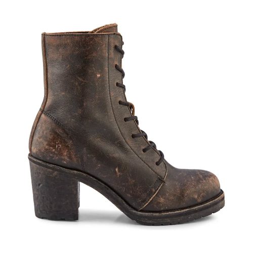 A vintage leather lace-up boot, the FRYE KAREN COMBAT BLACK DISTRESSED - WOMENS by Frye, showcasing a worn-look and chunky heel, is displayed in a left side profile view with a textured sole.