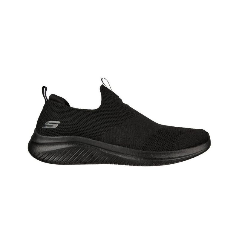 Skechers SKECHERS ULTRA FLEX 3.0 BLACK - MENS slip-in athletic shoe with a textured sole, Air-Cooled Memory Foam, and a small logo on the heel.