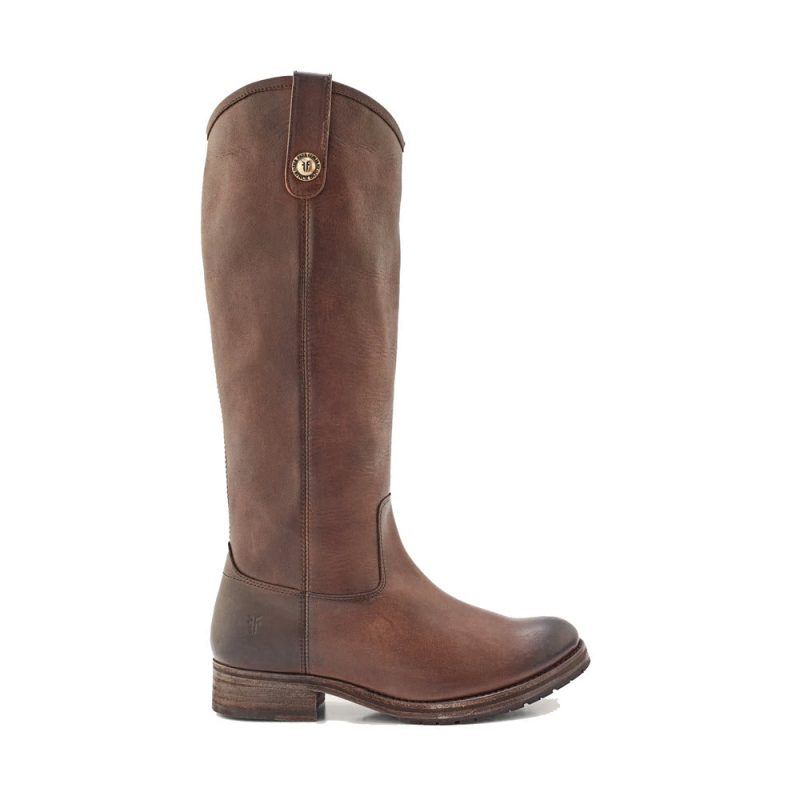 A single FRYE MELISSA BUTTON LUG TALL SLATE - WOMENS by Frye, a brown leather knee-high boot with a low heel and a metallic button detail near the top, showcasing a distressed brush off finish for a rugged approach.