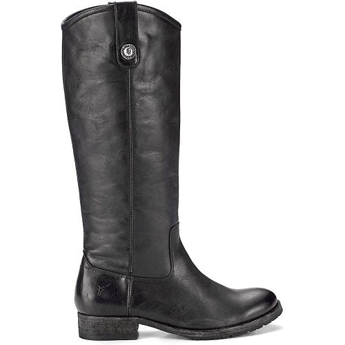 A Frye FRYE MELISSA BUTTON LUG BLACK - WOMENS boot with a knee-high shaft, round toe, low stacked heel, and a Frye signature button detail near the top.