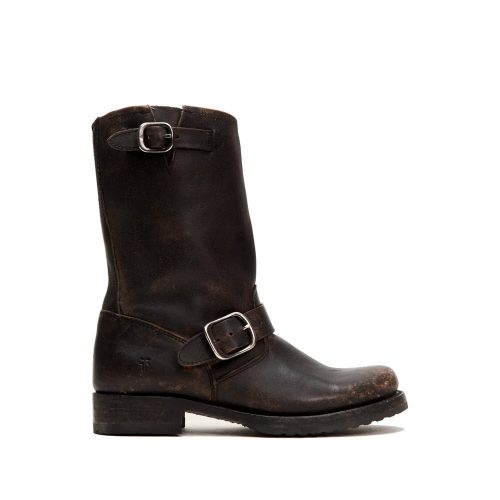 A single Frye FRYE VERONICA SHORT BLACK DISTRESSED - WOMENS boot with two silver buckles and a low heel, displayed against a white background.