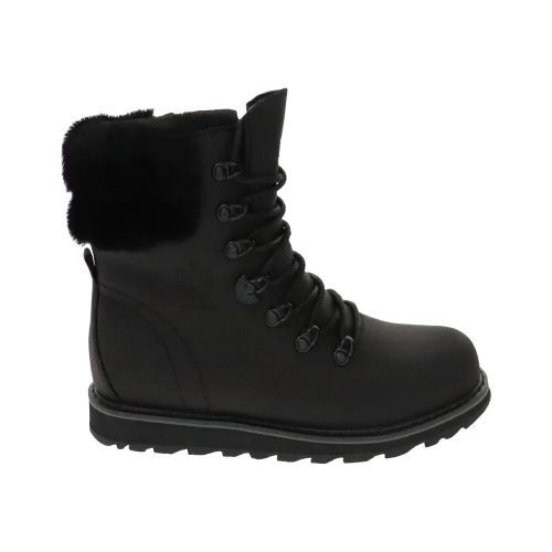 The Royal Canadian ROYAL CANADIAN CAMBRIDGE ALL BLACK - WOMENS is a black ankle-high winter boot with a faux fur lining around the top, waterproof leather exterior, lace-up front with metal eyelets, and a rubber sole.