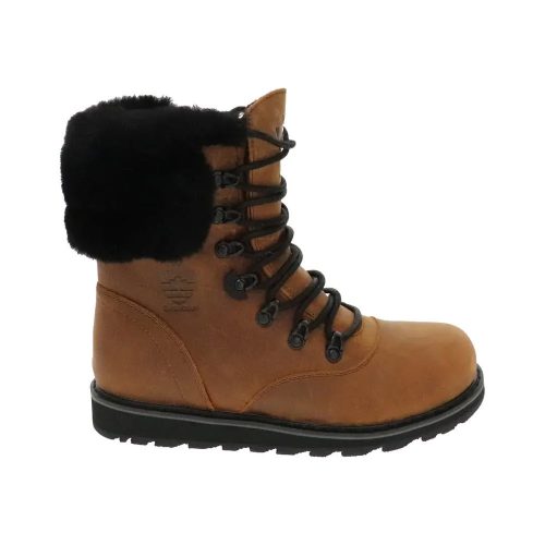 The Royal Canadian ROYAL CANADIAN CAMBRIDGE COGNAC - WOMENS is a tan leather lace-up winter boot with a shearling collar, black fur trim, black laces, and a black rubber sole.