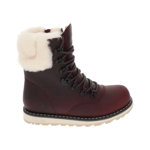 A Royal Canadian ROYAL CANADIAN CAMBRIDGE BURGUNDY - WOMENS with black laces, a cozy shearling collar, white fur lining, and a light-colored rubber sole.