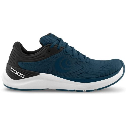 A blue and black athletic shoe with a white sole and "topo" branding on the heel, the TOPO ULTRAFLY 4 NAVY/BLACK - MENS by Topo makes for an excellent daily trainer.