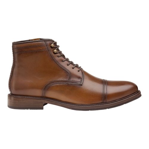 JOHNSTON AND MURPHY XC FLEX RALEIGH CAP TOE ZIP DARK TAN - MENS with brogue details, a cap toe, and a low heel on a white background.