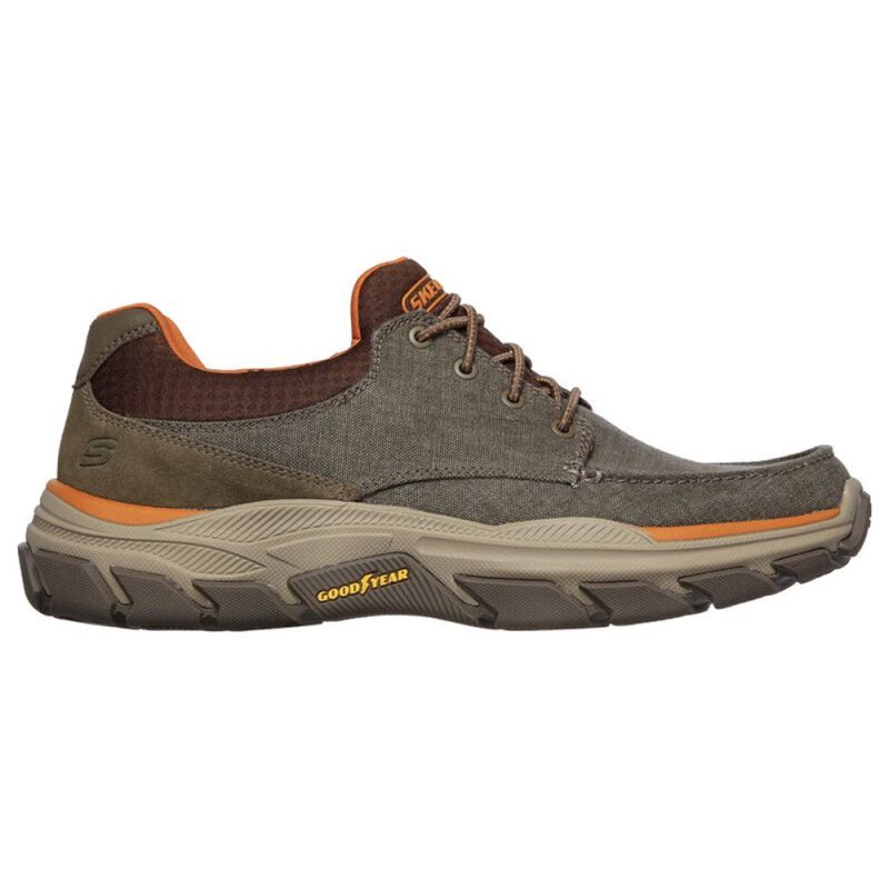 A single brown and gray casual shoe with orange accents, Skechers branding on the sole, and a Relaxed Fit slip-on design featuring an Air-Cooled Memory Foam insole for ultimate comfort - SKECHERS LOLETO BROWN - MENS.