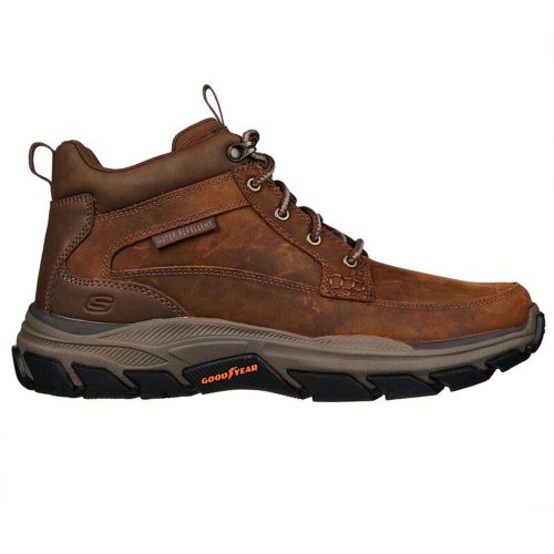 A single brown leather hiking boot with a dark sole, labeled "Waterproof" and featuring water-repellent leather alongside "SKECHERS BOSWELL DARK BROWN - MENS" on the side from Skechers.