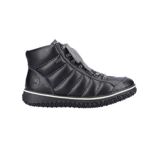 RIEKER PUFF HIGH TOP BLACK - WOMENS with a textured sole and a fleur-de-lis logo on the heel, offering the renowned comfort and flexibility of Rieker shoes.