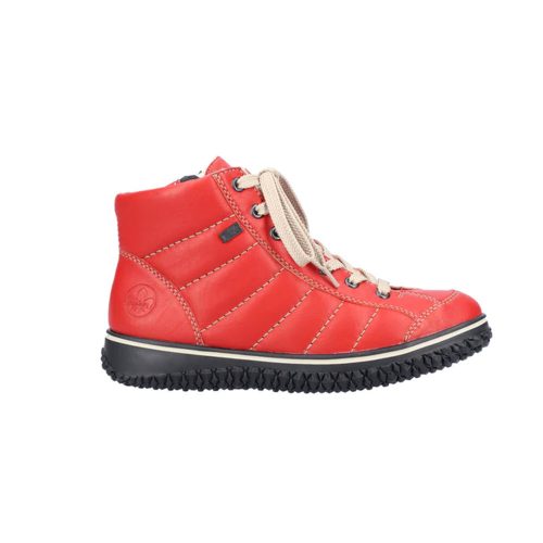 Red ankle-high sneaker with beige laces, black sole, and visible stitching details, offering a comfortable fit for everyday wear.   RIEKER PUFF HIGH TOP FLAME - WOMENS by Rieker