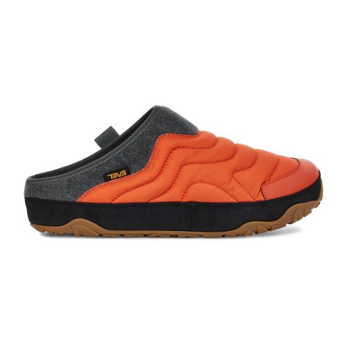 An orange and grey slip-on outdoor shoe with a black and brown sole, featuring a quilted design for added Comfort and a small tag reading "TEVA REEMBER TERRAIN GOLD FLAME - MENS Teva.