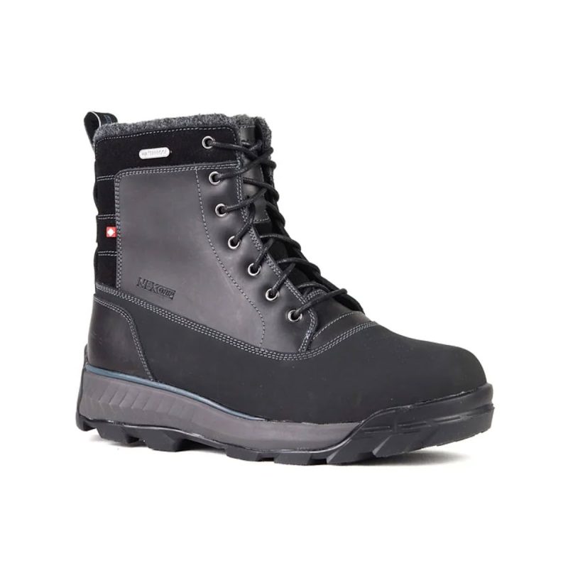 Introducing the NexGrip NEXGRIP ICE VICTOR 3.0 BLACK - MENS: A single black winter boot with a lace-up front, waterproof exterior, and insulated fleece lining. This powerhouse features a thick, rugged sole and a retractable studded cleat, making it perfect for winter walking in the harshest conditions.