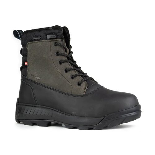 Introducing the NEXGRIP ICE VICTOR 3.0 OLIVE - MENS by NexGrip: A single lace-up black boot featuring a dark gray upper section and rugged sole designed for outdoor use, equipped with a waterproof membrane. Stay in your comfort zone down to -35°C.