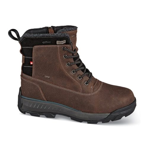 A single brown winter boot with black laces, a black sole, and a black upper heel section. This anti-slip outdoor boot features a side zipper and a pull loop at the back. Crafted from waterproof leather-and-suede, the NexGrip NEXGRIP ICE VICTOR 3.0 BROWN - MENS is perfect for all your winter adventures.