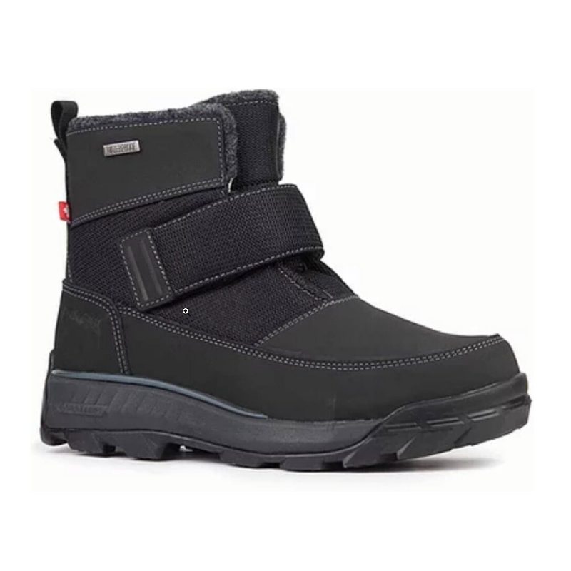 The NEXGRIP ICE JACOB 3.0 BLACK - MENS by NexGrip is a black, insulated winter boot with a Velcro strap and retractable cleats for added traction, featuring a rugged sole designed for cold weather.