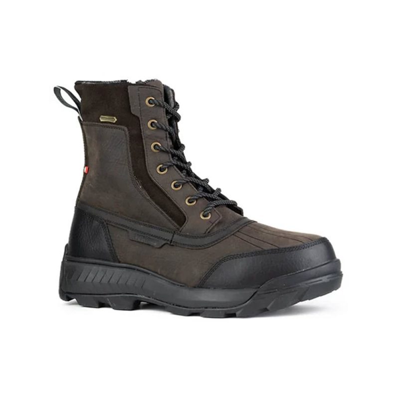 The NEXGRIP ICE MONT BLANC 3.0 BROWN - MENS by NexGrip is a high-top men's winter boot featuring a black rubber sole with ice grips, a brown and black leather upper, metal eyelets, black laces, and a pull tab.