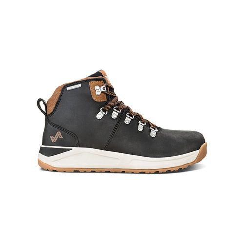 A side view of a Forsake FORSAKE HALDEN MID BLACK TAN - MENS with brown accents, metal eyelets, and a white rubber sole featuring a tread pattern for peak-to-pavement traction.