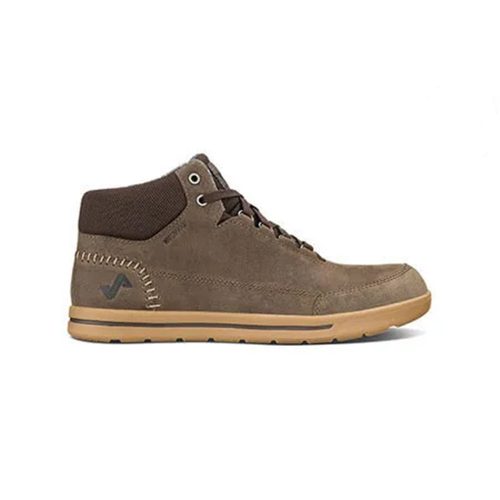 A versatile mid-top sneaker with a suede finish, light brown rubber sole, lace-up front, and stitched detailing. Made from waterproof full grain leathers, the Forsake FORSAKE PHIL MID GRAY - MENS shoe is both stylish and practical.