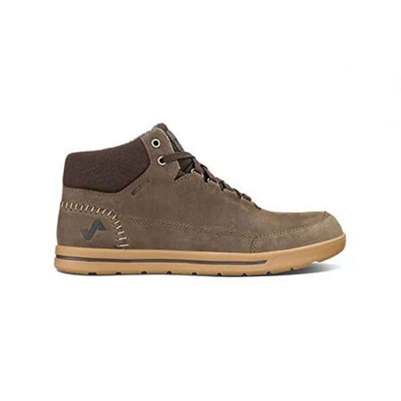 A versatile mid-top sneaker with a suede finish, light brown rubber sole, lace-up front, and stitched detailing. Made from waterproof full grain leathers, the Forsake FORSAKE PHIL MID GRAY - MENS shoe is both stylish and practical.