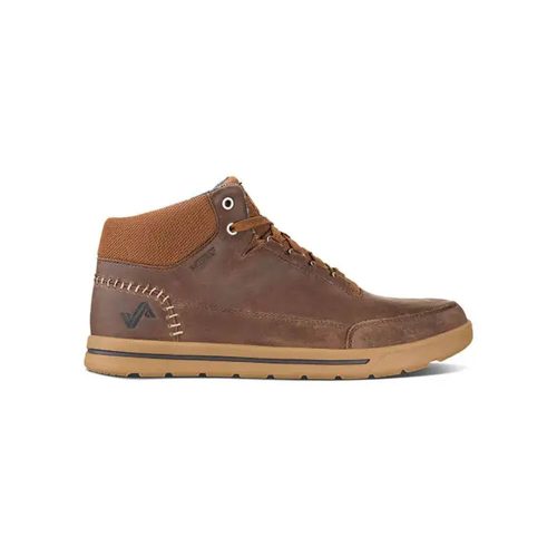 Side view of a Forsake FORSAKE PHIL MID DARK BROWN - MENS high-top sneaker made from full grain leathers with a light brown sole, lace-up front, and stitch detailing, positioned against a plain white background.