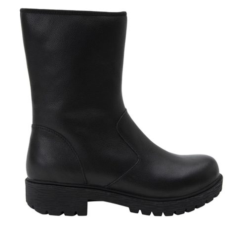 A black mid-calf classic leather boot with a chunky sole and rounded toe, viewed from the side, featuring an ergonomic footbed for ultimate comfort is the ALEGRIA CHALET UPGRADE - WOMENS by Alegria.