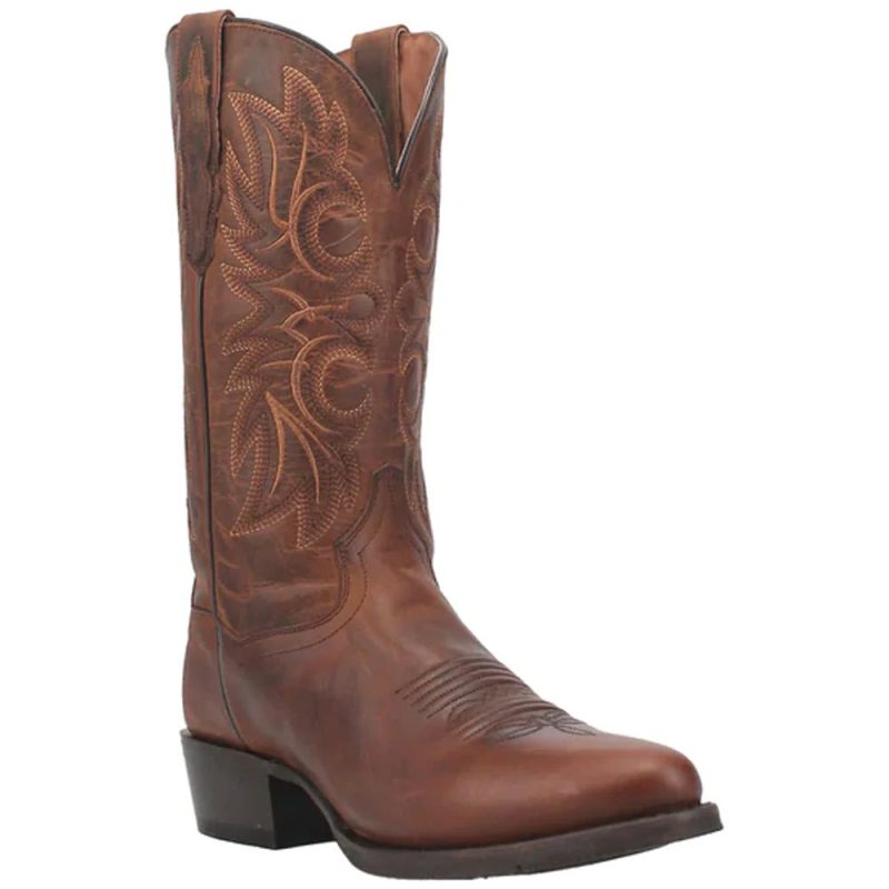 A single Dan Post DAN POST COTTONWOOD RUST 13 INCH COWBOY HEEL - MENS featuring brown leather, decorative stitching, a pointed toe, and a chunky heel. This stylish boot also includes an orthotic insole for added comfort.