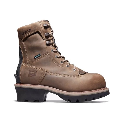 The "TIMBERLAND EVERGREEN NT INSULATED LOGGER COFFEE - MENS" features the "Timberland PRO" logo, metal eyelets, durable laces, a black sole with strong tread, and "GRIP" labeled at the ankle. This composite safety toe boot offers electrical hazard protection for added safety on the job.