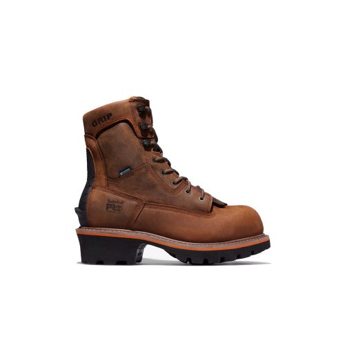 A brown leather work boot with a rugged sole, lace-up front, and ankle support. The TIMBERLAND EVERGREEN NT WATERPROOF LOGGER BROWN - MENS boots are labeled "GRIP" at the top and "PRO" near the heel, offering electrical hazard protection.