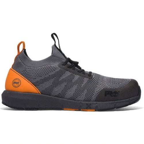 A grey and orange athletic shoe with a knit upper, black sole, and a black "PRO" logo on the side, featuring breathable slip-on convenience, is the TIMBERLAND PRO RADIUS KNIT COMP TOE GRAY ORANGE – MEN'S by Timberland.