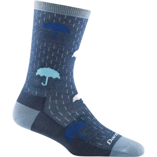 A single blue Darn Tough Umbrella Crew Socks Denim featuring a pattern of umbrellas and raindrops in various shades of blue and grey, designed with moisture-wicking Merino Wool to keep you comfortable on those damp Vermont spring days.