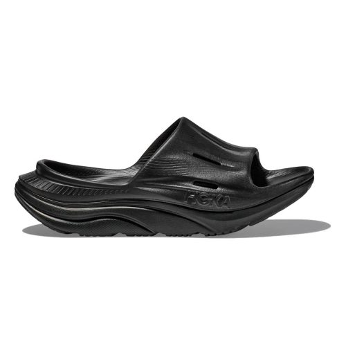 Black HOKA ORA Slide 3 slip-on recovery sandal with a sugarcane footbed against a white background.