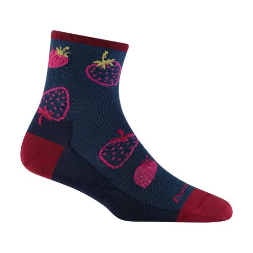 A Darn Tough DARN TOUGH FRUIT STAND SHORTY SOCKS MIDNIGHT - WOMENS with red trim and a strawberry pattern in red and green, perfect for bringing a touch of Fruit Stand charm to your comfortable wardrobe.