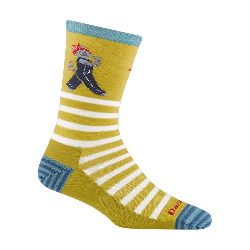 A single yellow Darn Tough DARN TOUGH ANIMAL HAUS CREW SOCKS BUTTERCUP - WOMENS with white horizontal stripes, featuring a cartoon astronaut and spaceship design, along with blue toe and heel sections, offers an exotic style that stands out.