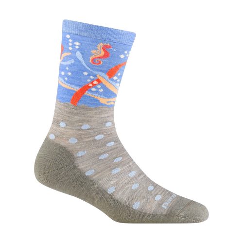 Darn Tough DARN TOUGH WILD LIFE CREW SOCKS SHORE CORAL - WOMENS with a blue upper section featuring red umbrellas, yellow seahorses, and bubbles design, celebrating the 50th anniversary of the Clean Water Act.