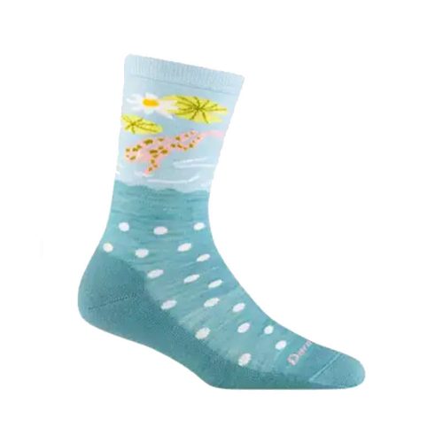 A single Darn Tough DARN TOUGH WILD LIFE CREW SOCKS AQUA FROG - WOMENS with white polka dots and a design featuring lily pads and a swimming fish, inspired by the Water Keepers Alliance's mission to protect our waterways.