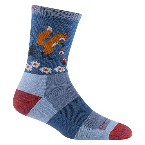 A blue and gray DARN TOUGH CRITTER CLUB MICRO CREW SOCKS VAPOR - WOMENS with a red heel and toe featuring a fox design among mushrooms and trees, perfect for long-haul comfort on your hiking adventures by Darn Tough.