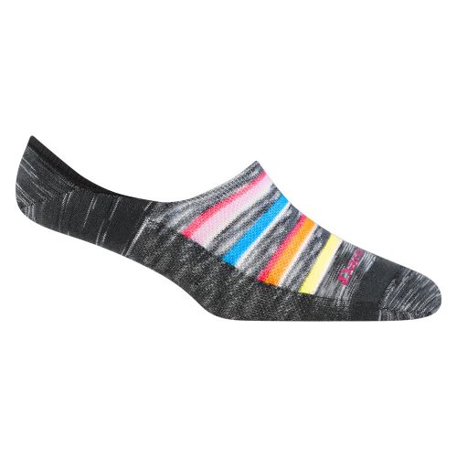 A Darn Tough DARN TOUGH NOVA NO SHOW SOCKS SPACE GREY - WOMENS featuring black, gray, pink, white, yellow, and blue stripes with a high heel cup for added comfort.