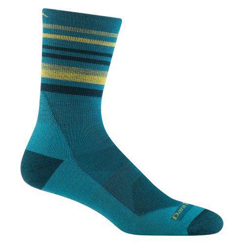 A Darn Tough sock with horizontal yellow and dark green stripes near the top. The DARN TOUGH FASTPACK MICRO CREW SOCKS CHARCOAL - MENS features a ribbed texture, dark green toe and heel accents, and arch support for added comfort.