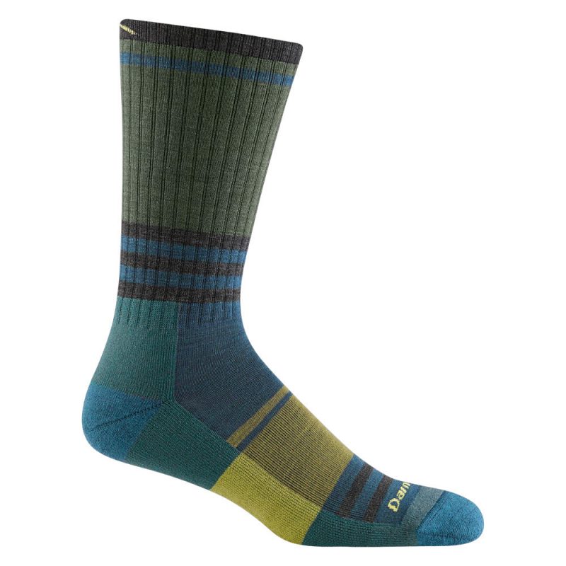 A single Darn Tough DARN TOUGH SPUR BOOT SOCK FOREST - MENS with blue, green, and yellow stripes and a ribbed texture, standing upright at boot height.