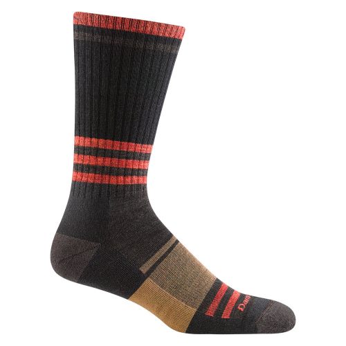 A single dark-colored sock with horizontal red and orange stripes around the calf and lower foot, featuring a performance fit and a mix of solid and striped patterns on the sole and ankle areas. Its lightweight design ensures comfort throughout the day. This is the DARN TOUGH SPUR BOOT SOCK HICKORY - MENS from Darn Tough.