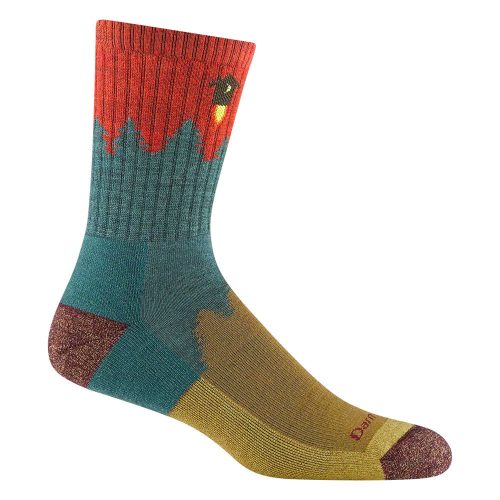 The DARN TOUGH NUMBER 2 MICRO CREW TEAL - MENS features a red cuff with a yellow and black bird design, a blue and green middle, and a yellow, maroon, and brown foot area. This multicolored sock combines style with comfort.