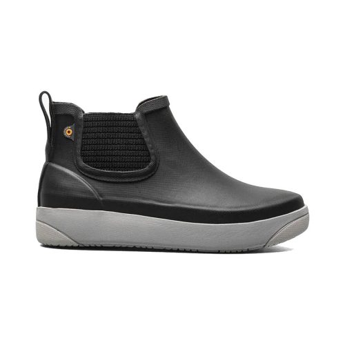 Side view of a black Bogs BOGS KICKER RAIN CHELSEA II BLACK - WOMENS slip-on ankle boot with grey sole and elastic side panels.