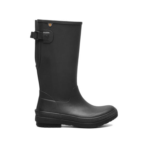 A single BOGS AMANDA II TALL BLACK - WOMENS boot for women with an adjustable strap and buckle at the top, displayed on a white background.