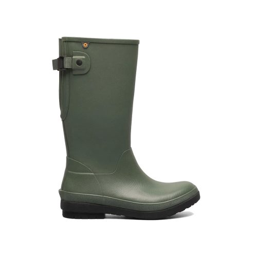 A green rubber Bogs BOGS AMANDA II TALL GREEN ASH - WOMENS with a black sole, adjustable calf, buckle detail on the side, and mid-calf height.