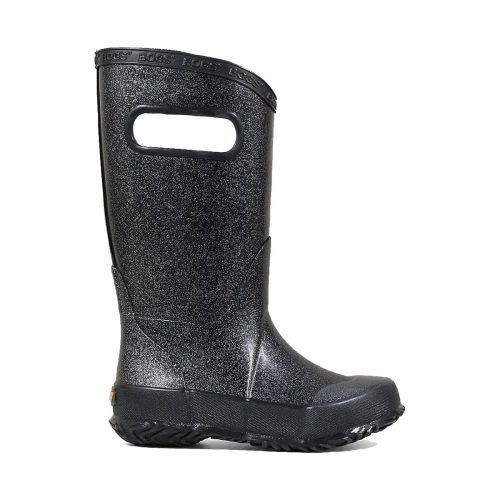 A BOGS RAINBOOT GLITTER BLACK - KIDS, black, mid-calf rain boot with a side handle for easy wearing, perfect for advanced puddle-jumping techniques by Bogs.