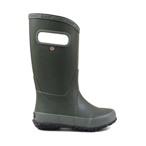 A single BOGS RAINBOOT DARK GREEN - KIDS with handles on both sides and a rugged sole, viewed from the side, designed to be kid’s slip-on boots for easy wear by Bogs.