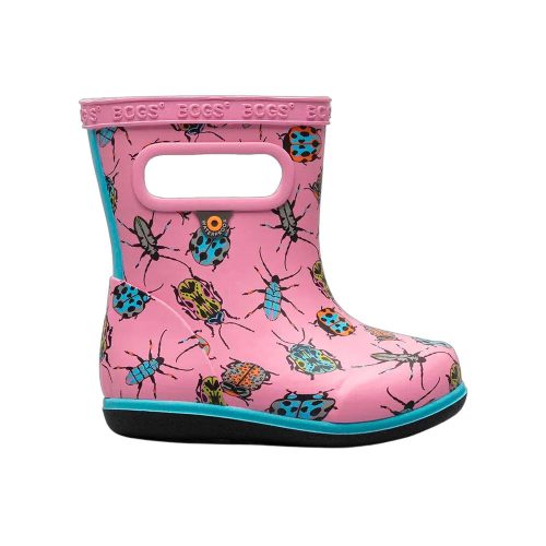 A pink rain boot with colorful bug prints, blue trim, and black sole. The boot features side handles and the brand name "Bogs" is written around the top. These waterproof boots also include a moisture-wicking lining for added comfort. This product is known as BOGS SKIPPER II BUGS BLUSH PINK - KIDS from Bogs.