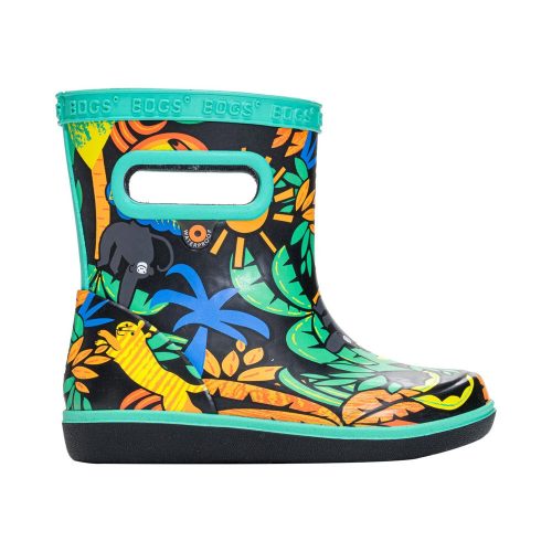 A colorful Bogs children's rain boot with jungle-themed designs, featuring animals and foliage, green trim around the top and sole, and waterproof boots with moisture-wicking lining for all-day comfort. The product is called BOGS SKIPPER II SUPER JUNGLE BLACK MULTI - KIDS.