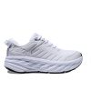 Side view of a Hoka HOKA BONDI SLIP RESISTANT WHITE - MENS featuring a cushioned sole and lace-up design, crafted with water-resistant leather.