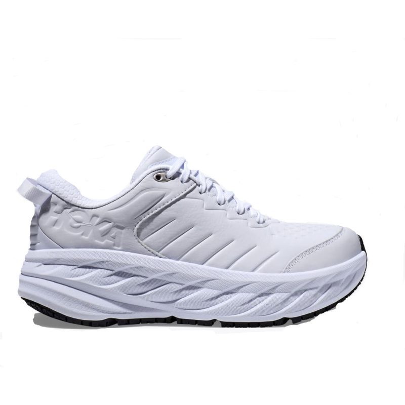 Side view of a Hoka HOKA BONDI SLIP RESISTANT WHITE - MENS featuring a cushioned sole and lace-up design, crafted with water-resistant leather.